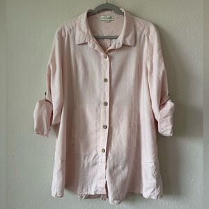 Simply Noelle Button Front‎ Shirt Sz XXL Baby Pink Linen Blend Roll Tab Sleeve